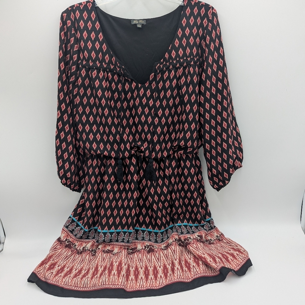 Lily Rose Paisley Floral Print Tie Waist Dress XL Boho festival V-Neck Black Red